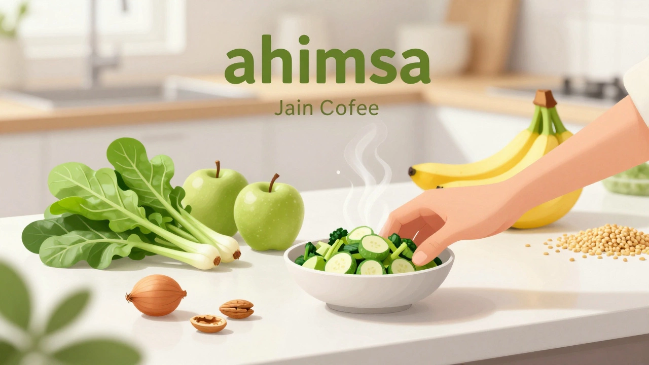 Fresh plant-based ingredients representing strict Jain vegetarian diet principles