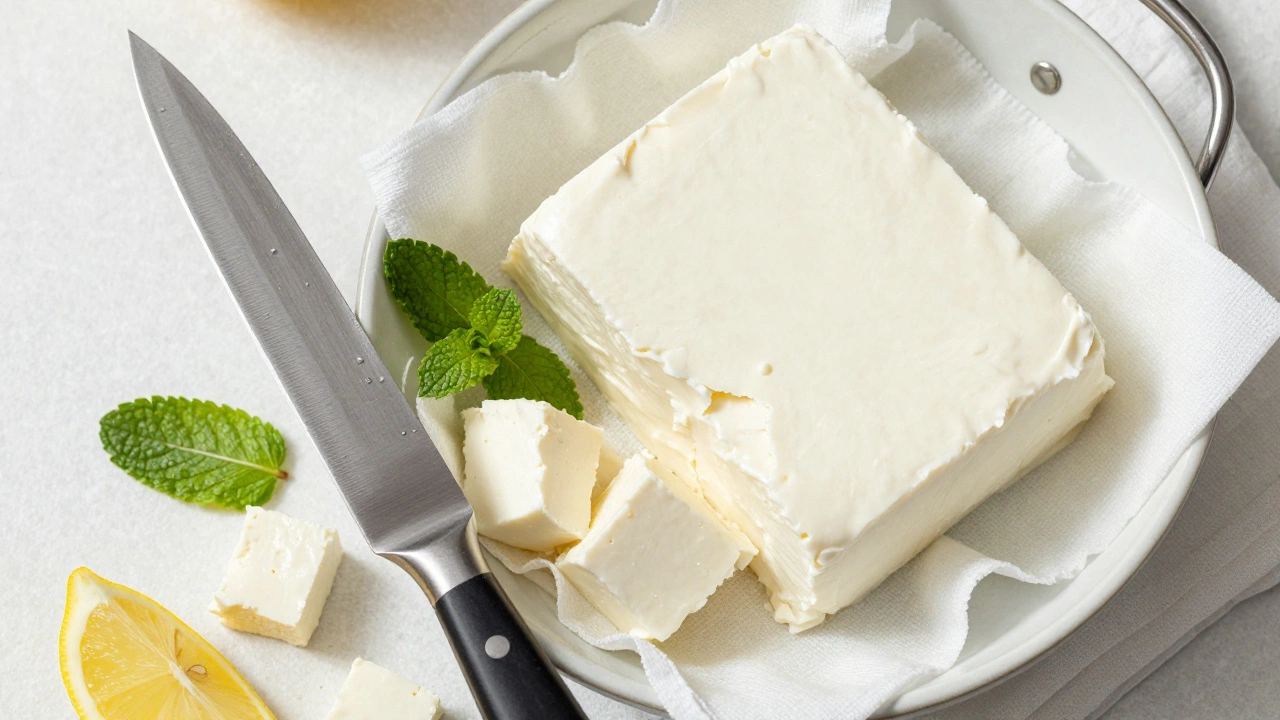 Fresh smooth paneer block on cheesecloth ready for slicing