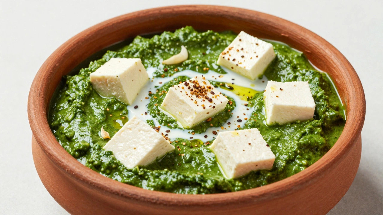 Green Palak Paneer spinach curry with white cheese cubes