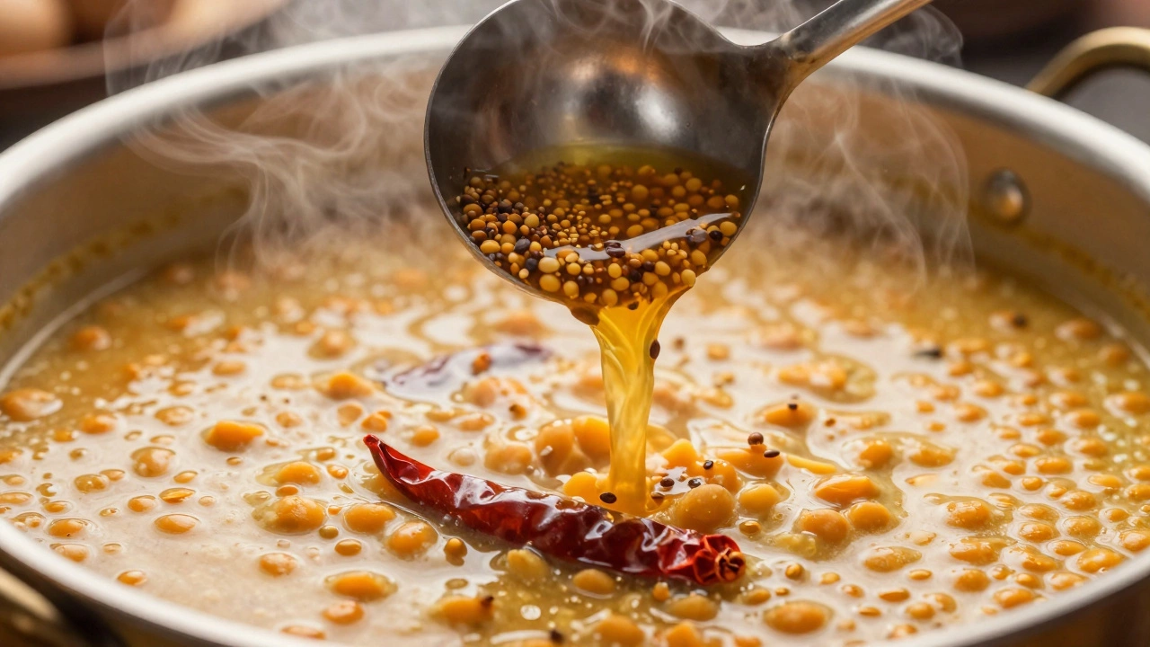 Hot tempered spices being poured into simmering lentil curry
