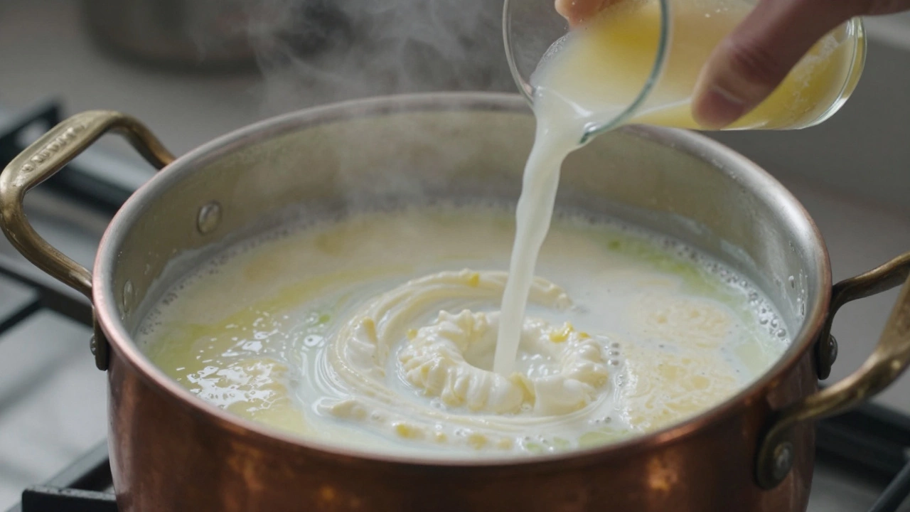 Lemon juice being poured into hot milk to form soft paneer curds