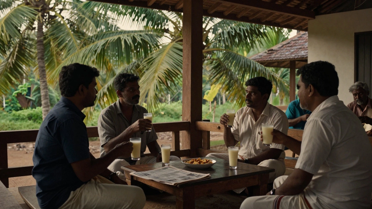 Men socializing in a traditional South Indian toddy shop under palm trees