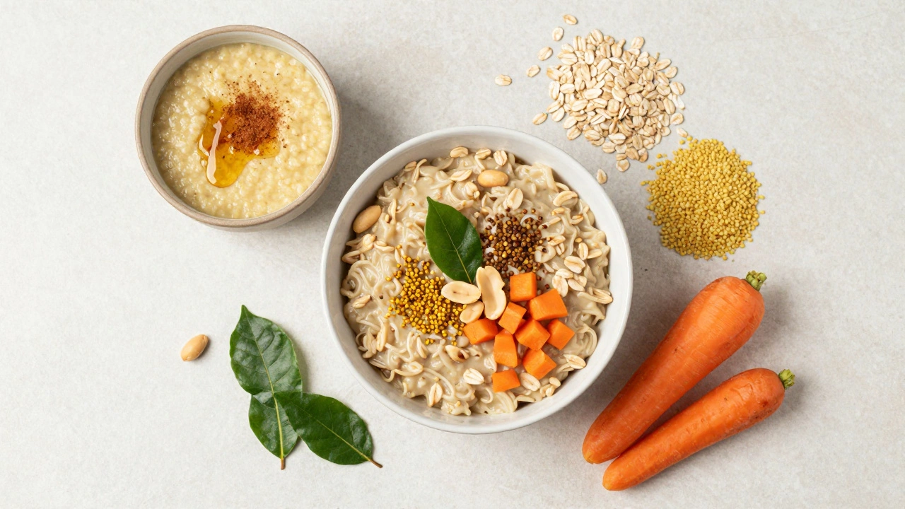 Oats upma and millet porridge in white bowls with fresh ingredients