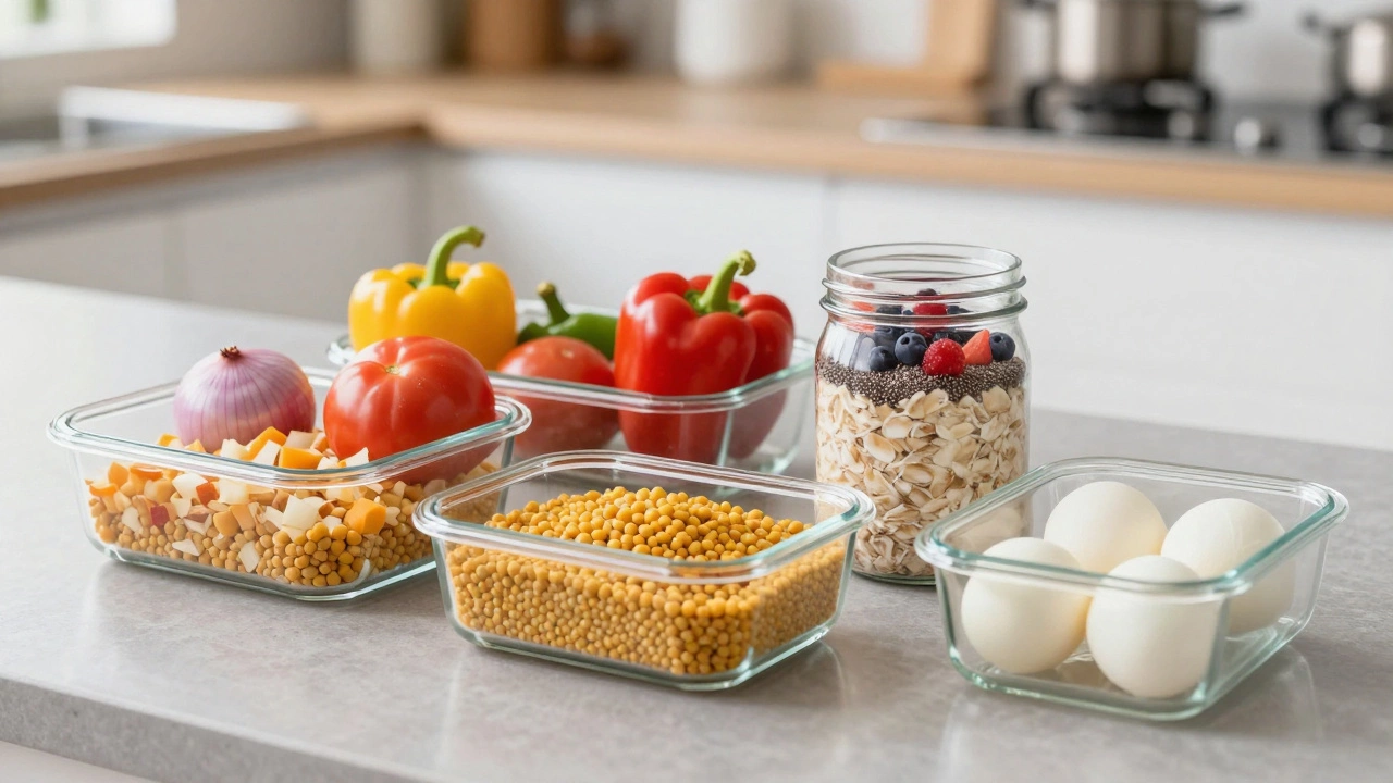 Prepped Indian breakfast ingredients in glass containers on a counter