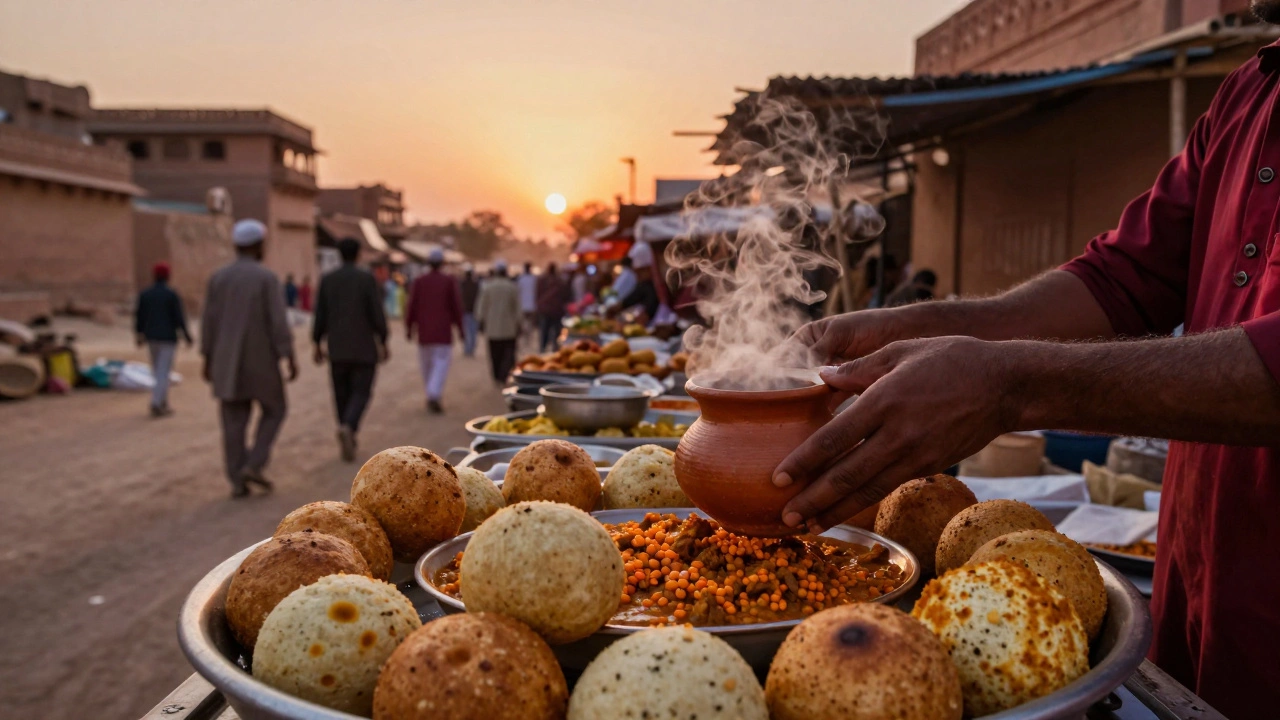 Rajasthani street vendor serving hot dal baati churma in a desert setting