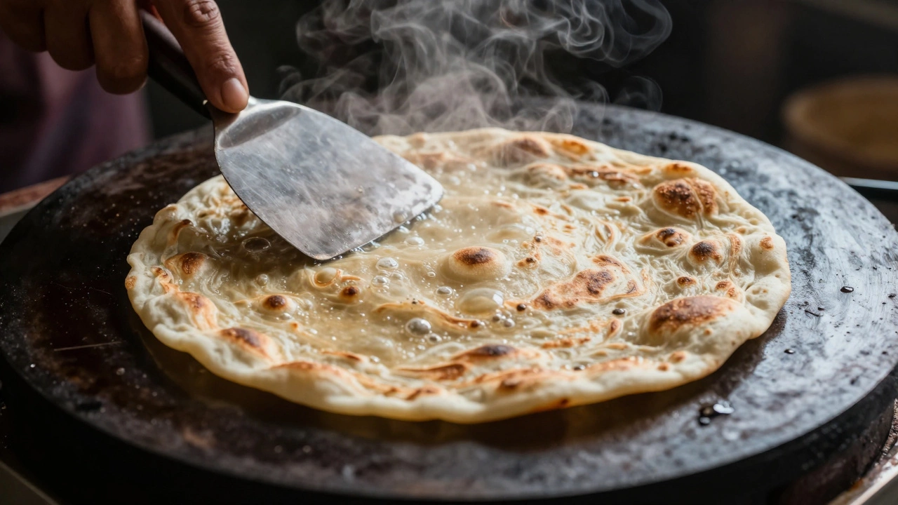 Roti bubbling and puffing up on a hot cast-iron tawa