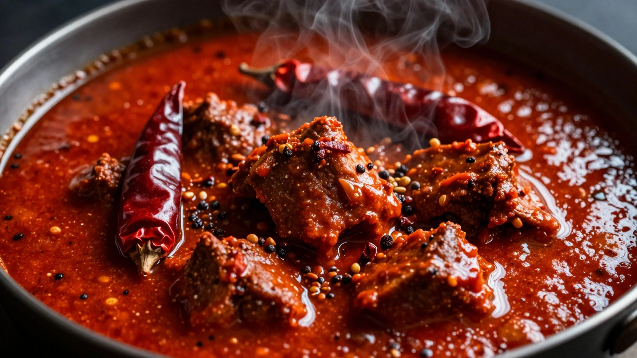 Spicy red Vindaloo curry with visible chili peppers