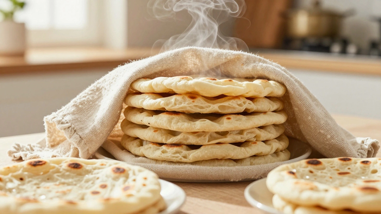 Stack of fluffy cooked rotis wrapped in a cotton cloth