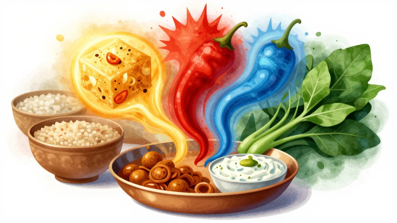 Abstract art representing balanced Ayurvedic flavors in Indian food