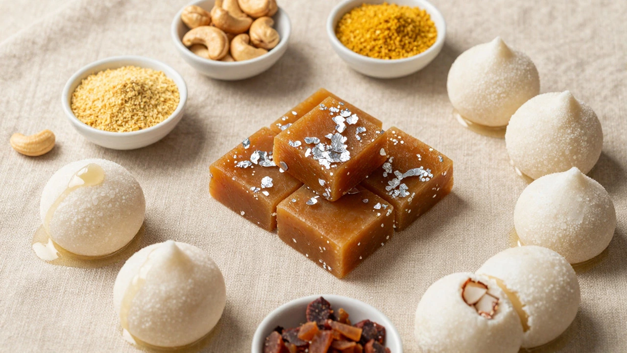 Assortment of regional Indian sweets like Kaju Katli and Rasgulla