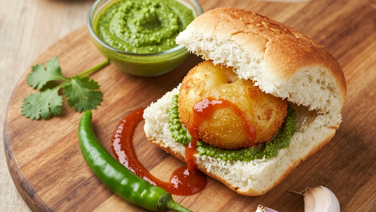 Close-up of Vada Pav with chutneys and green chili on wood