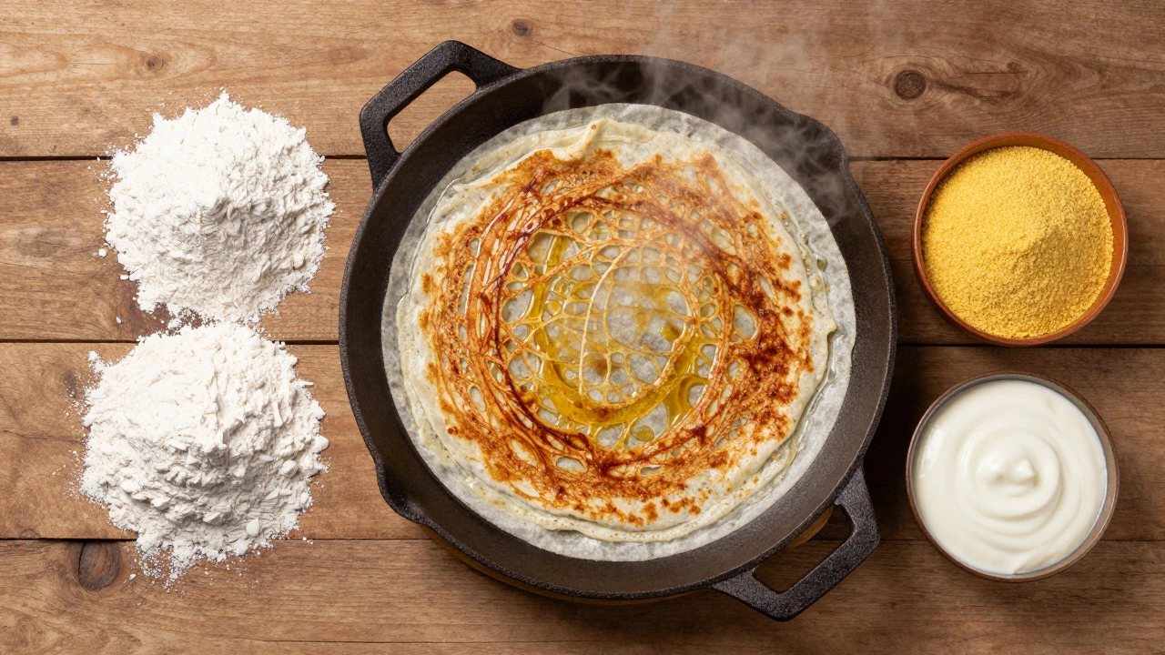 Cooking crispy dosa on tawa with rice flour ingredients