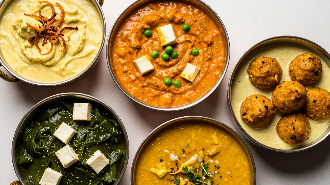 Five types of mild Indian curries arranged in an overhead shot