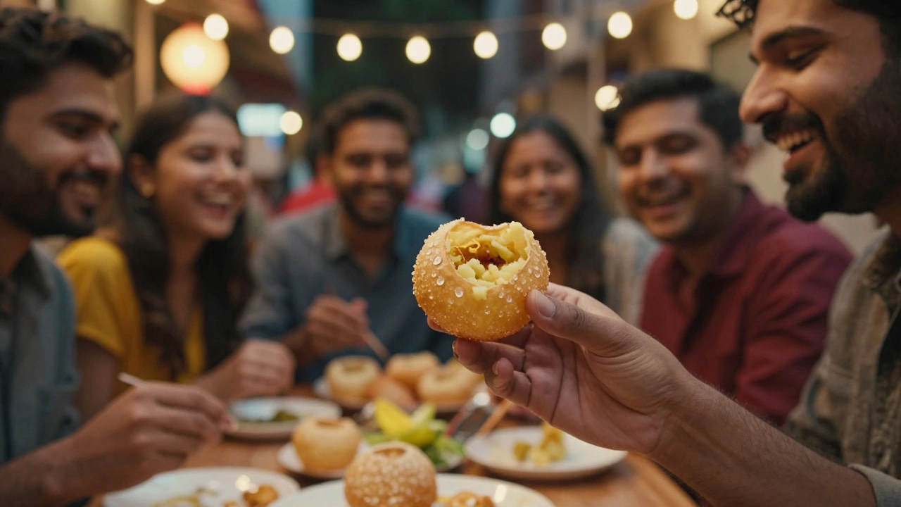 Friends sharing Pani Puri snacks at a lively street gathering