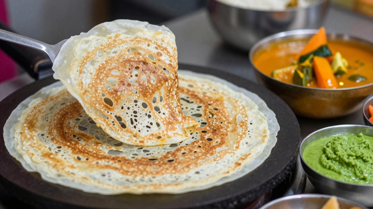 Golden unfermented dosa served with sambar and chutney