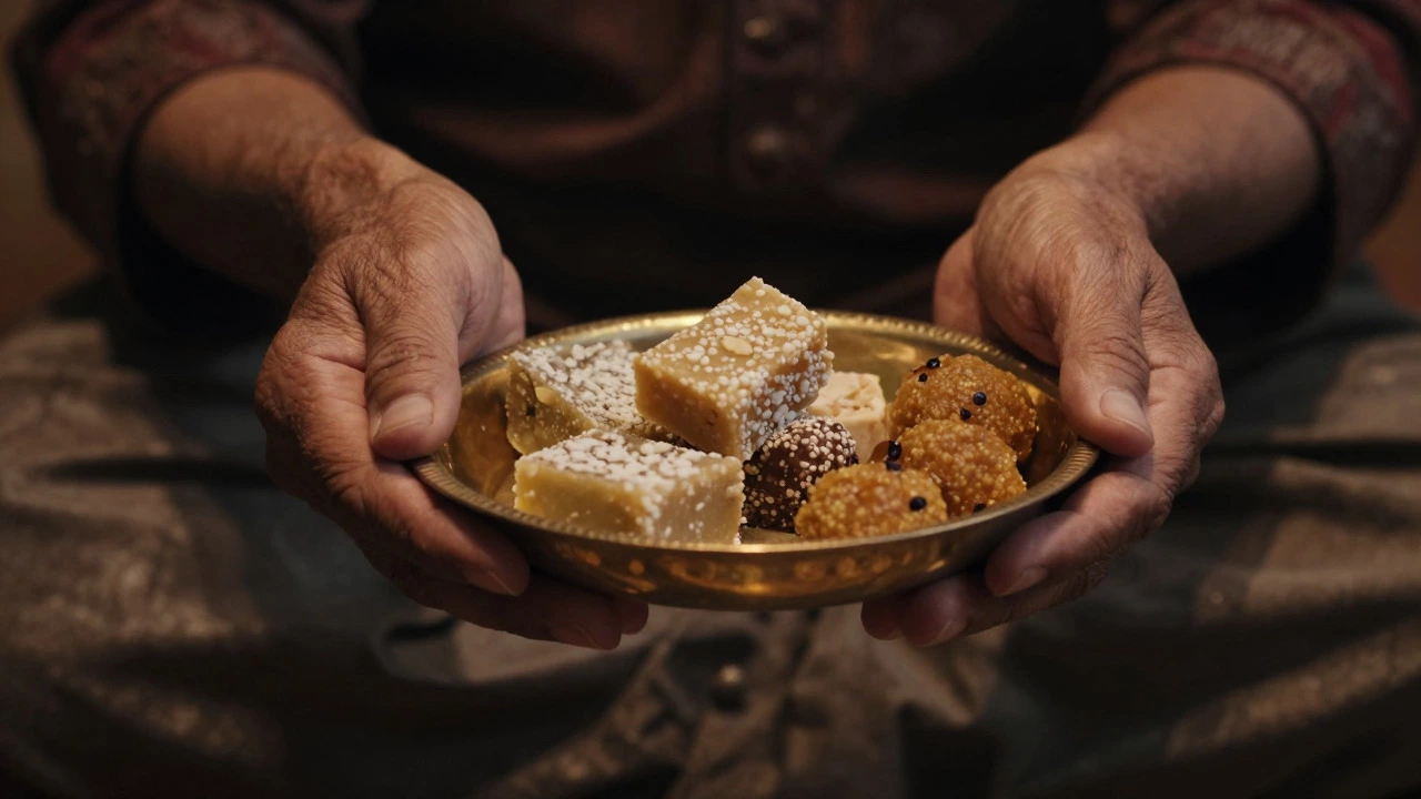 Hands offering a plate of traditional Indian sweets
