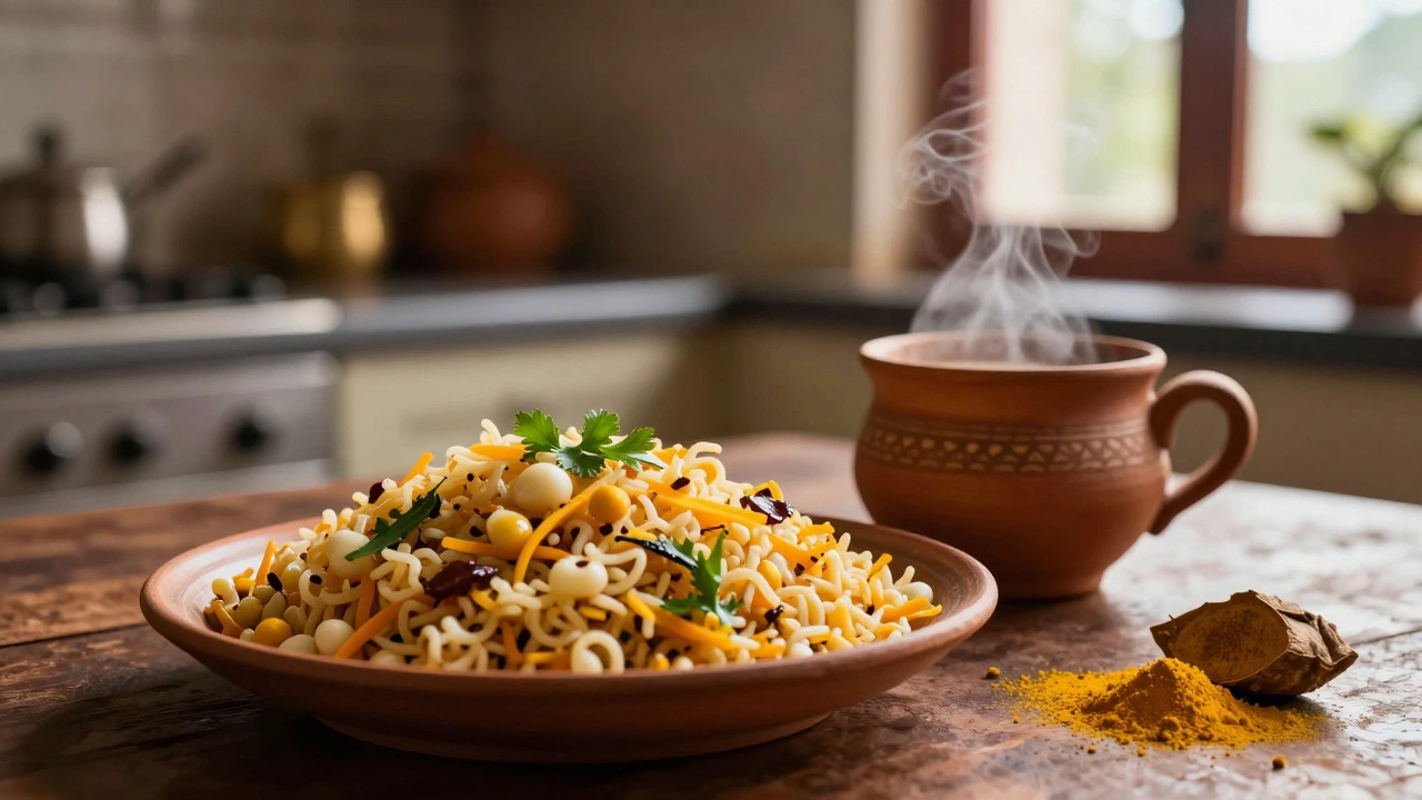 Plate of Poha served with a cup of hot masala chai