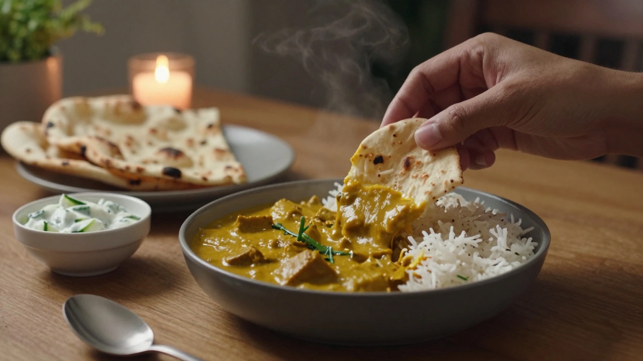 Serving mild curry with naan bread and rice on a dining table