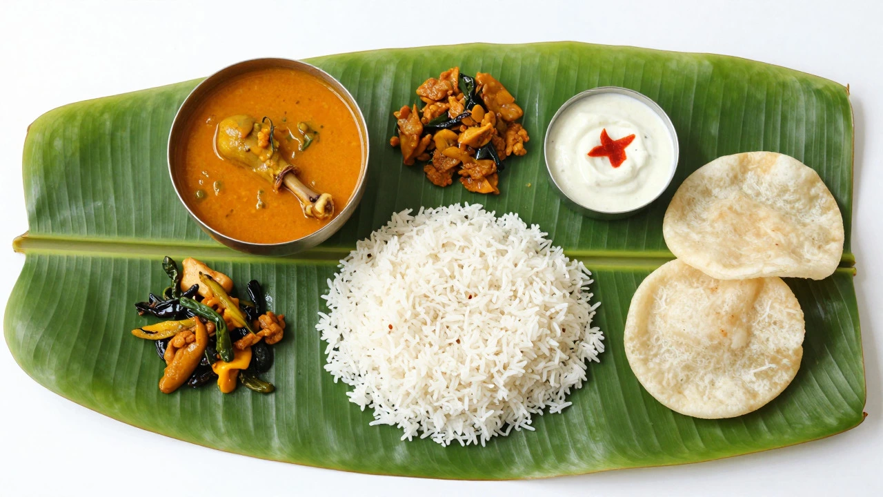 South Indian lunch on banana leaf with sambar and coconut chutney