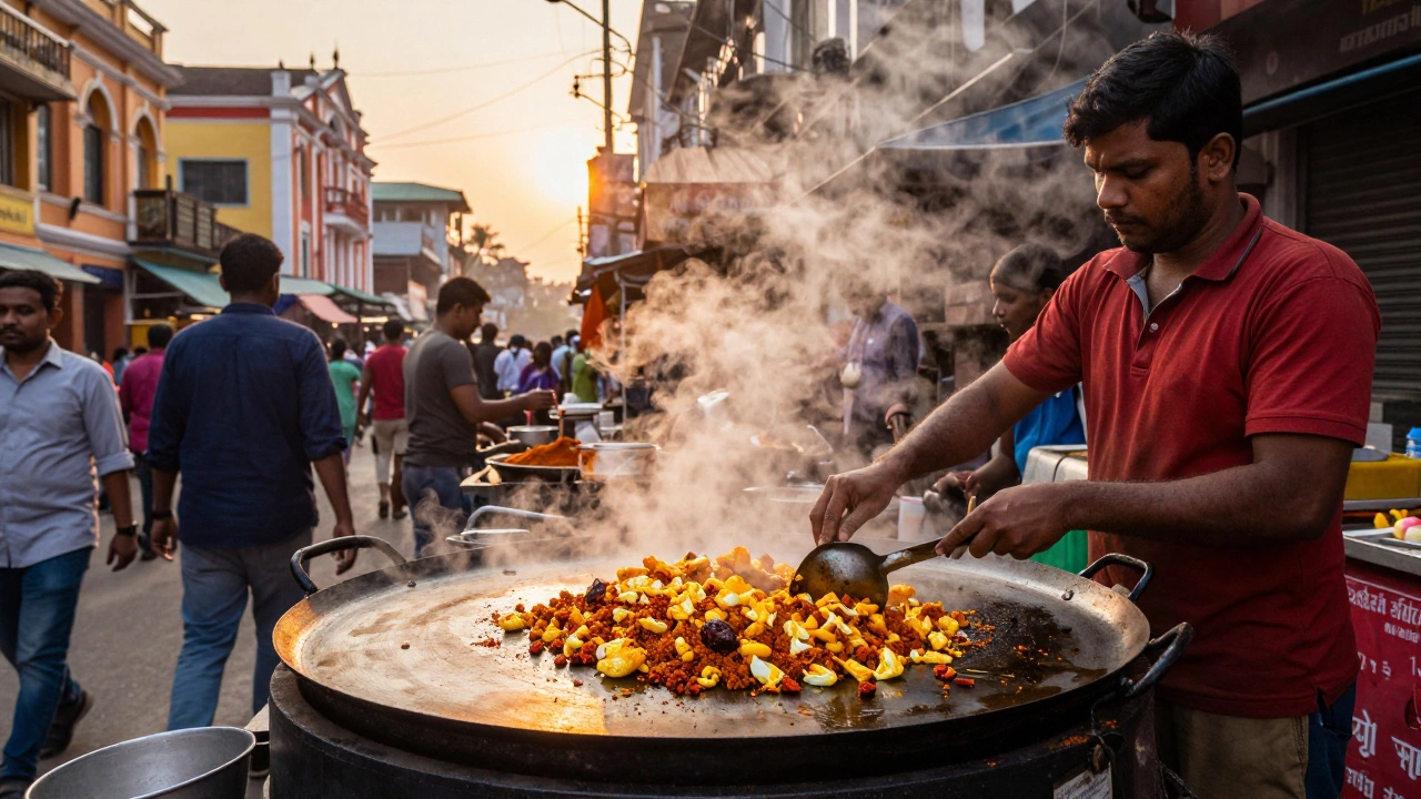 Street vendor cooking spicy egg bhurji on a tawa in Kolkata, India