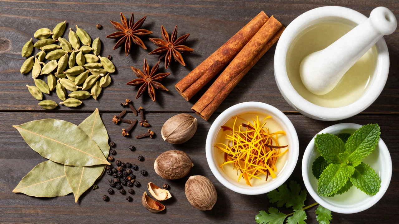 Arrangement of whole spices like cardamom, cinnamon, and cloves with saffron milk and fresh herbs.