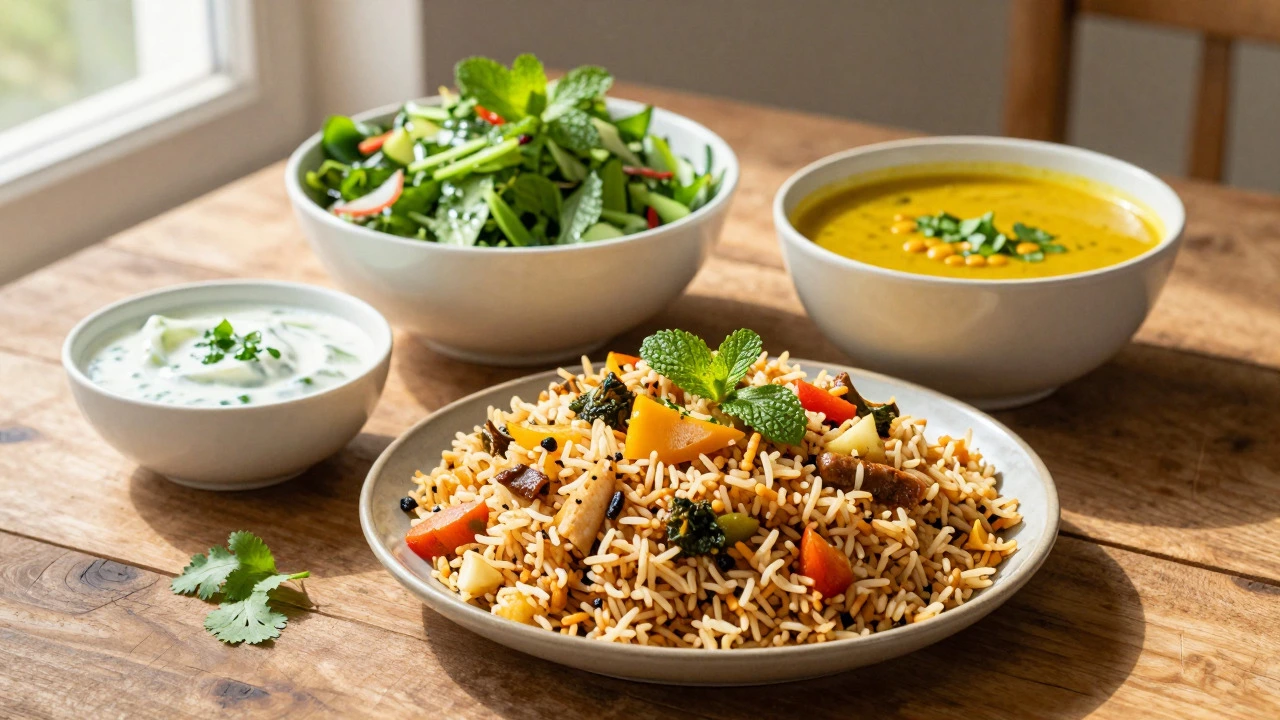 Balanced meal with vegetable biryani, salad, and raita