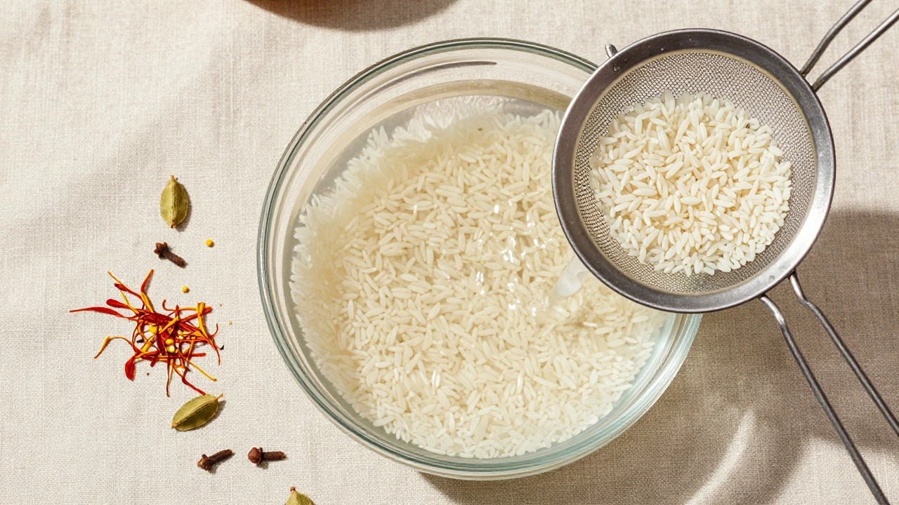 Basmati rice soaking in water with saffron and spices nearby