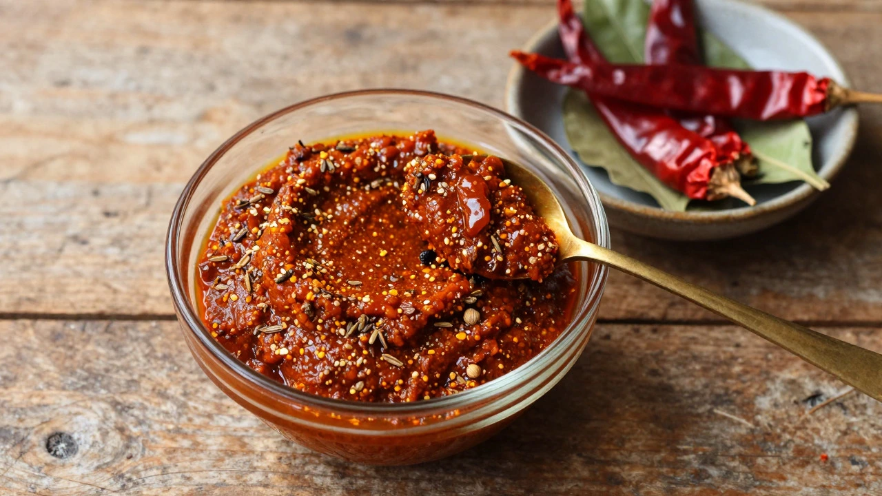 Bowl of thick reddish masala paste with whole spices on a wooden table