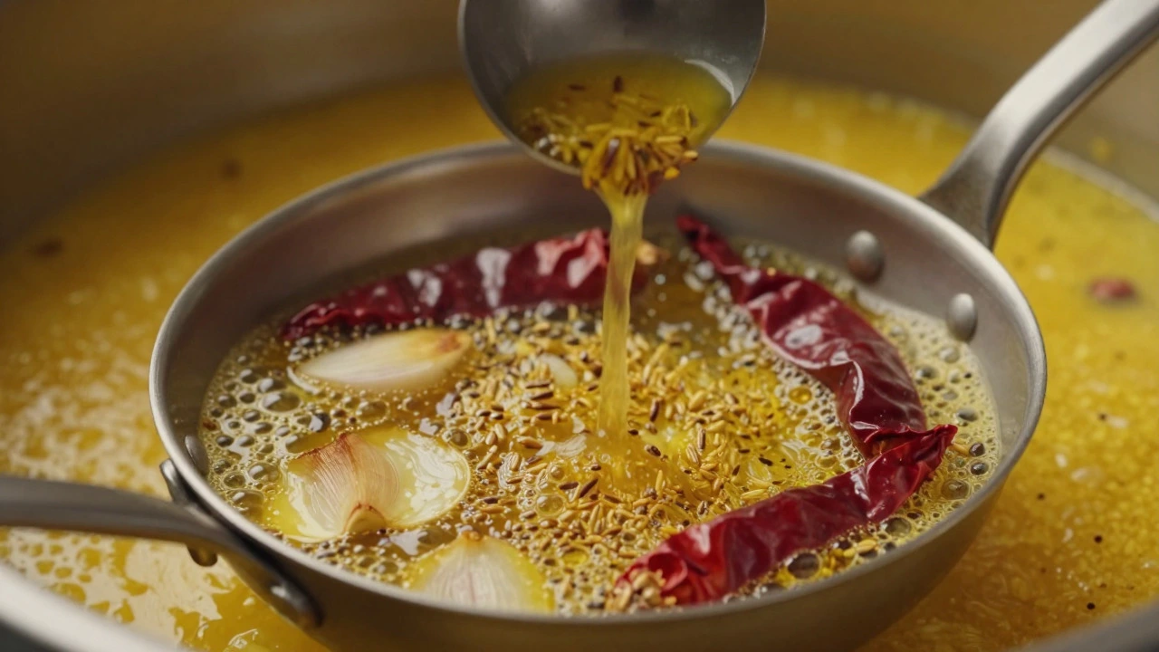 Close-up of sizzling cumin, garlic, and chilies in hot ghee for tadka