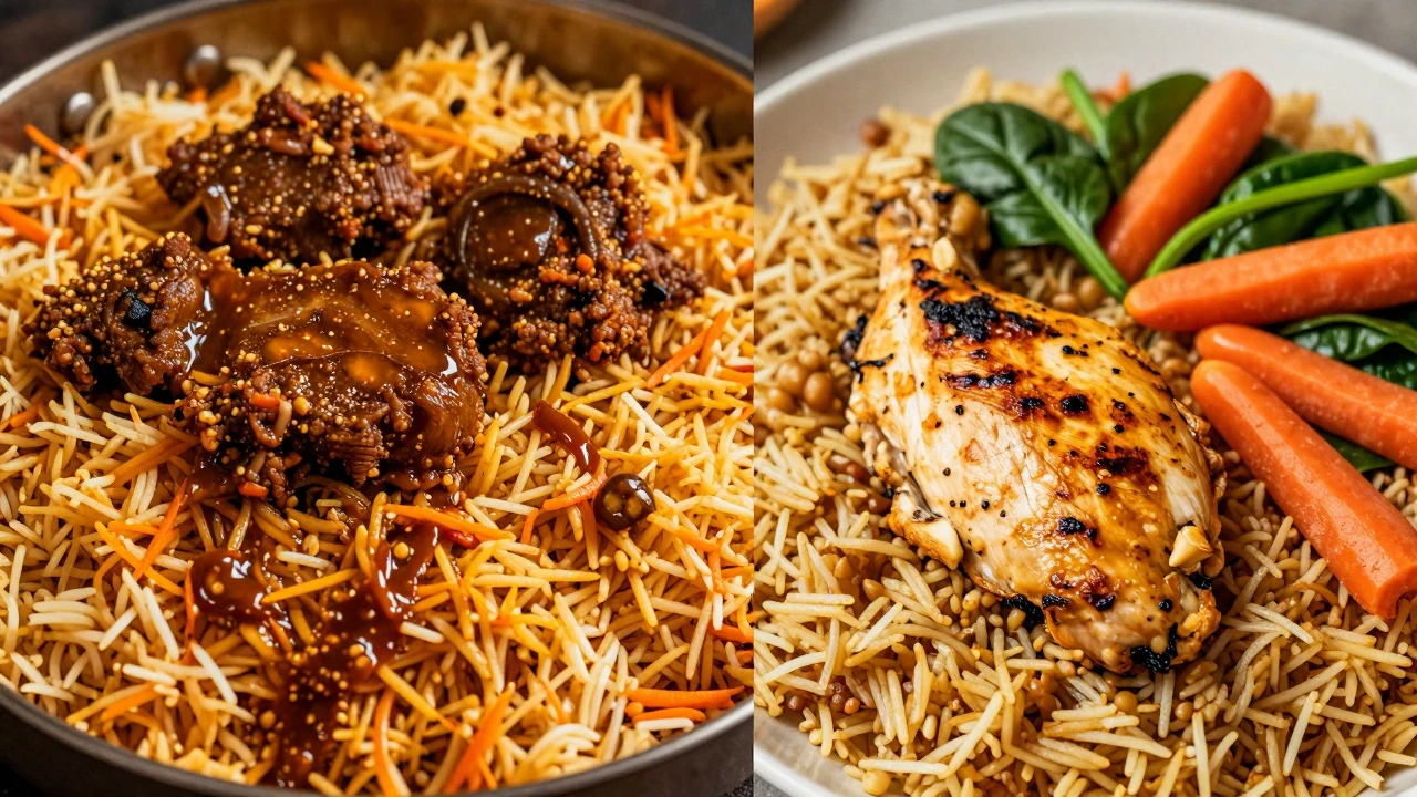 Comparison of oily restaurant biryani vs healthy home-cooked version