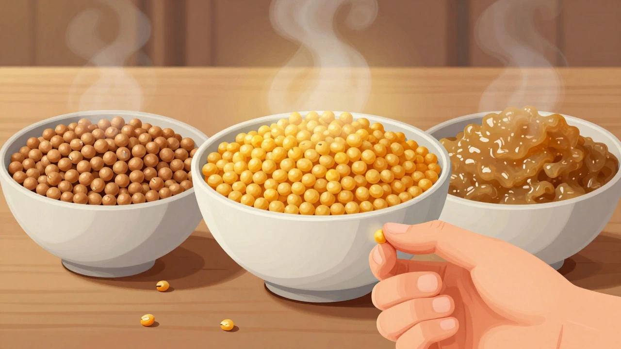Comparison of under-soaked, over-soaked, and properly soaked urad dal bowls