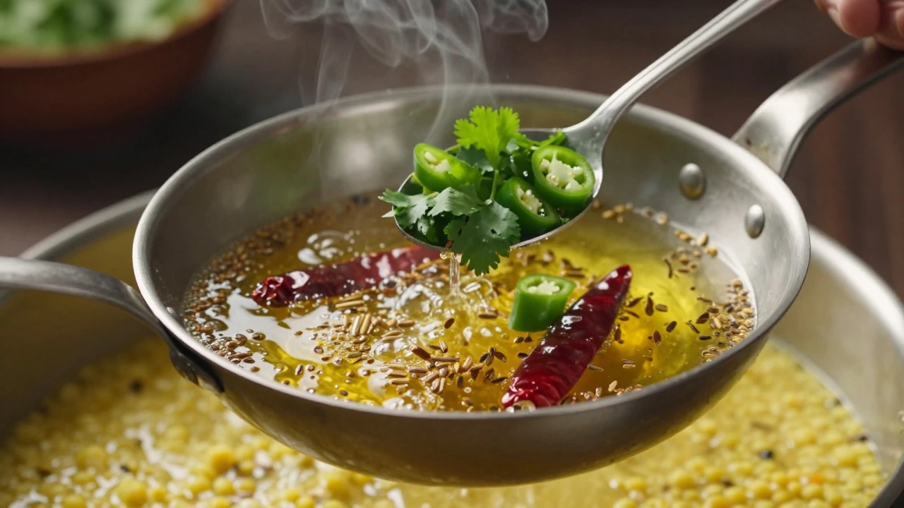 Cumin seeds and chilies sizzling in hot ghee during the tadka tempering process