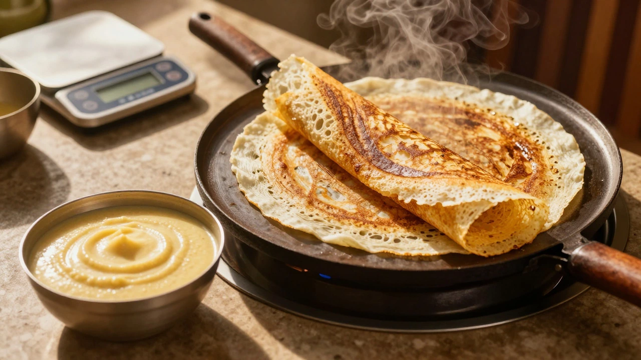 Golden crispy dosa cooking on a tawa next to a bowl of fluffy batter
