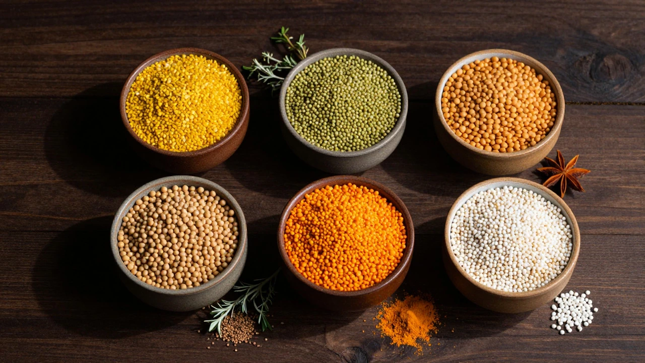 Overhead view of five different types of Indian dals arranged in separate ceramic bowls