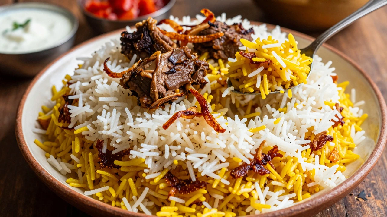 Plated biryani showing layered rice, meat, and crispy khichdi