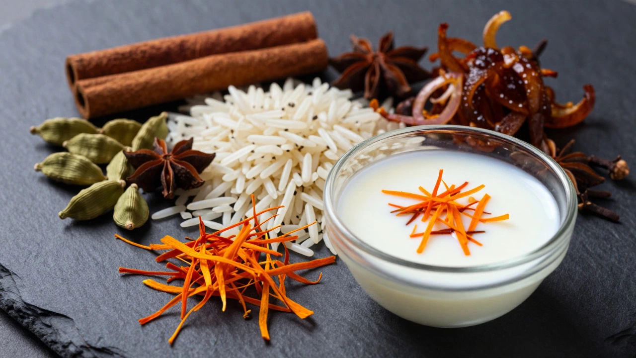 Saffron, basmati rice, whole spices, and fried onions on slate