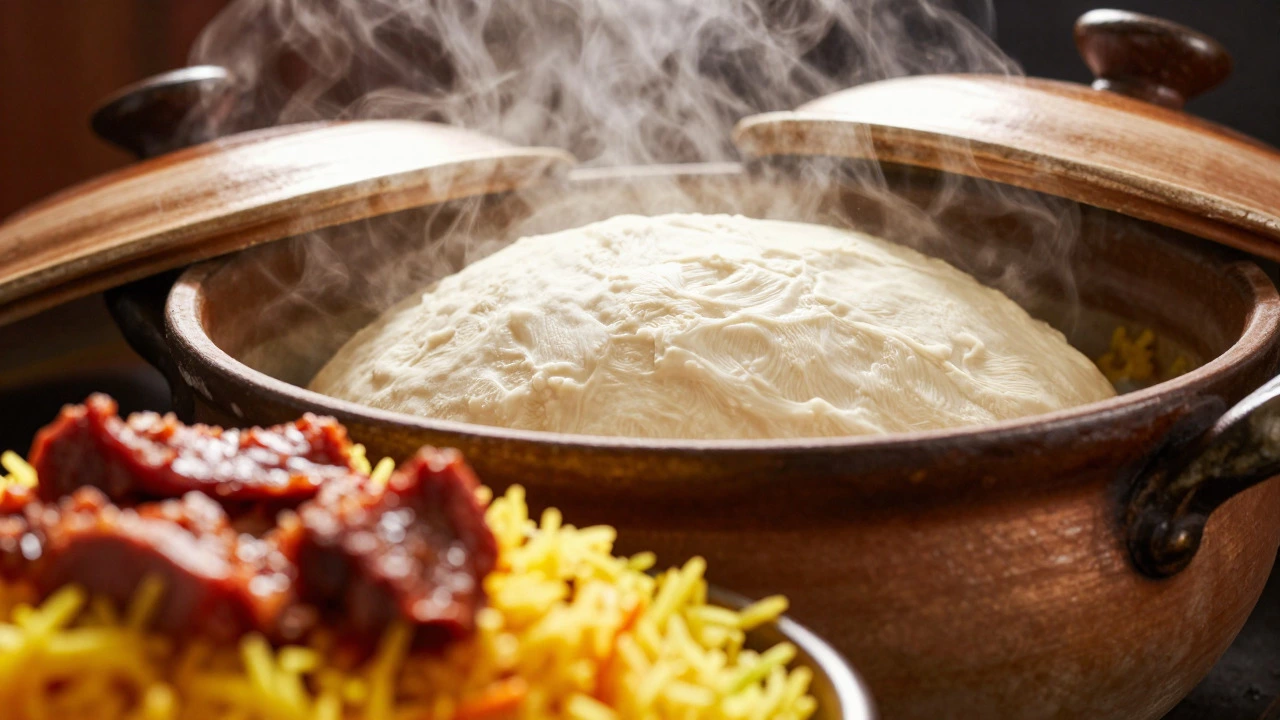 Steam rising from a sealed pot during biryani dum cooking
