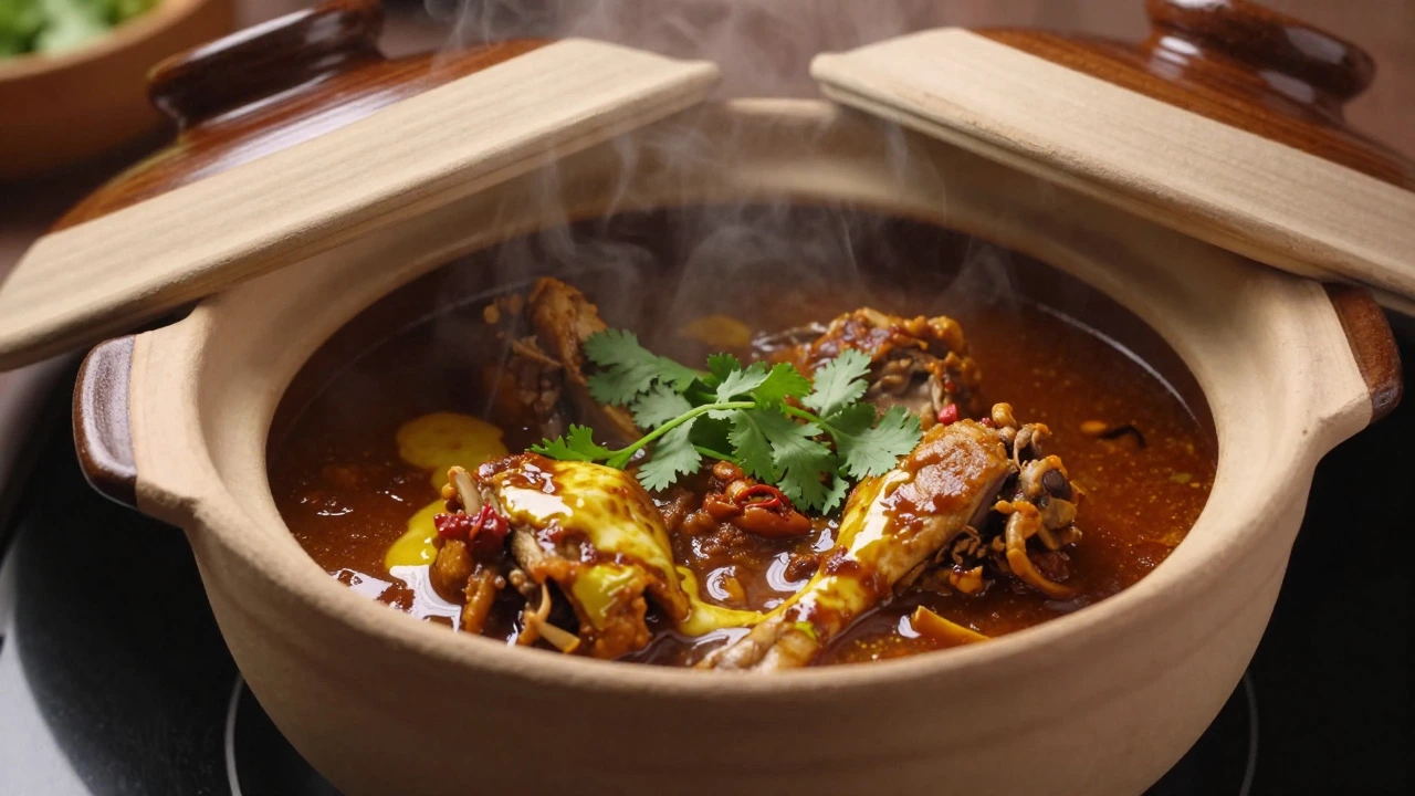 Steaming clay pot of chicken curry with separated ghee and cilantro