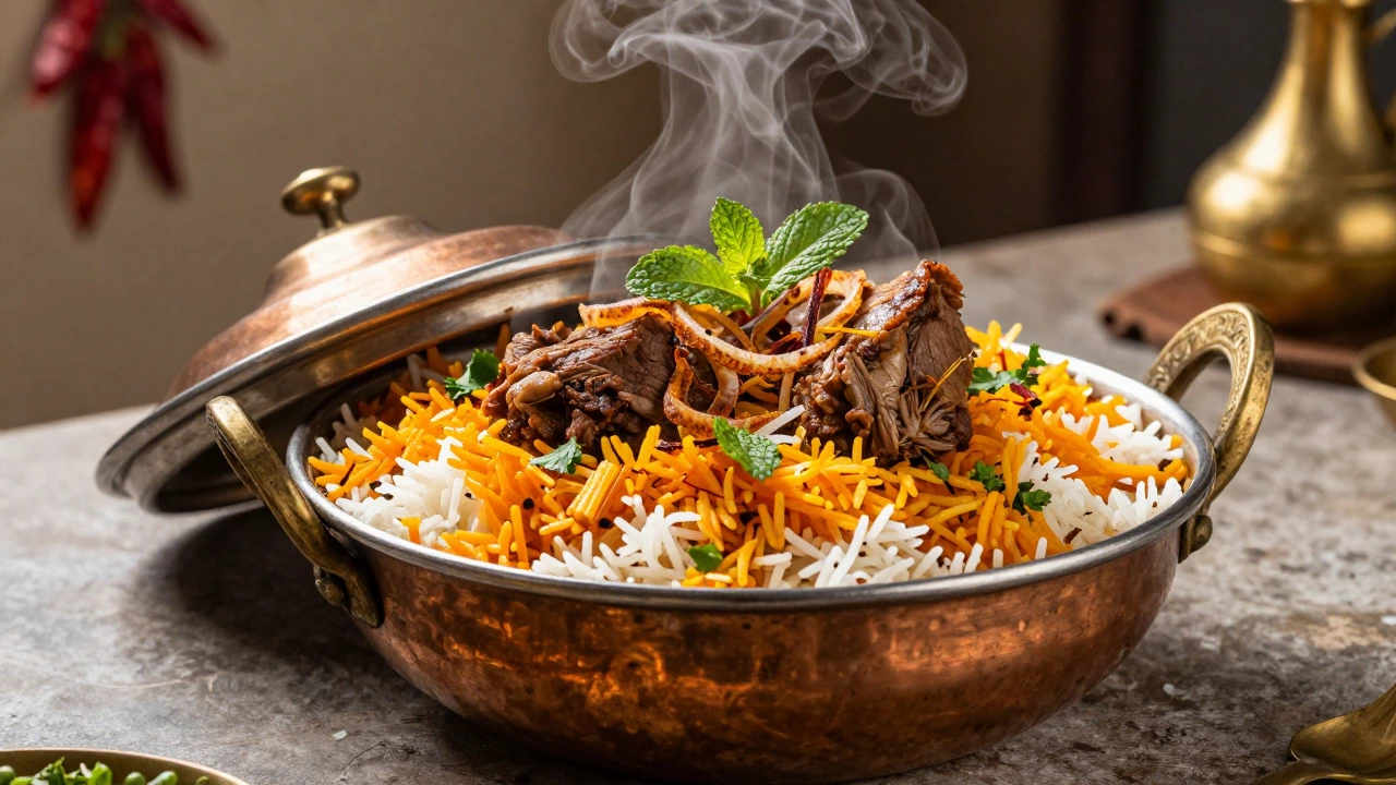 Steaming layered biryani rice with saffron, fried onions, and mint served in a traditional pot.