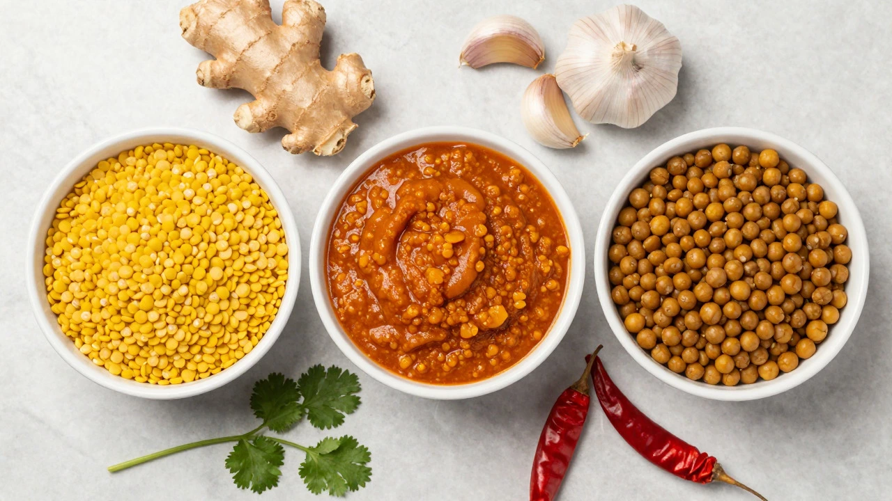 Three bowls comparing yellow moong, red masoor, and brown chana dals