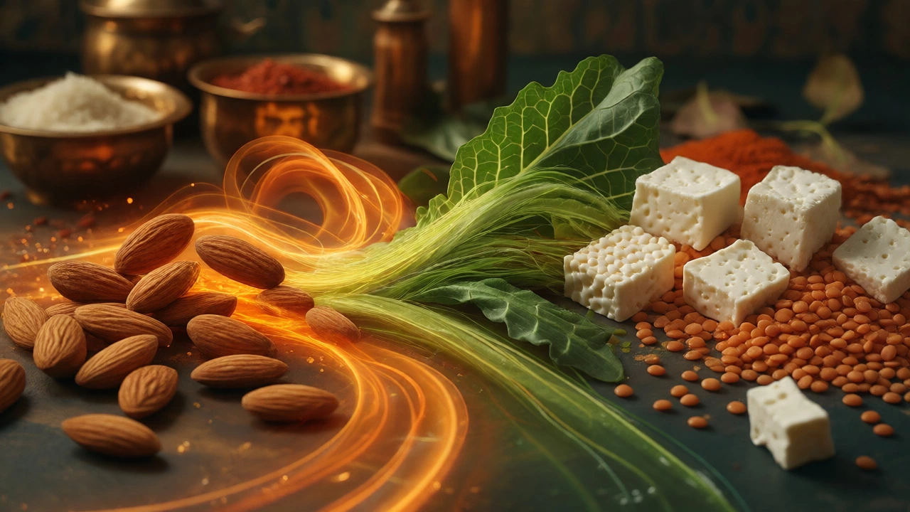 Abstract visual of protein, fiber, and fat using Indian foods