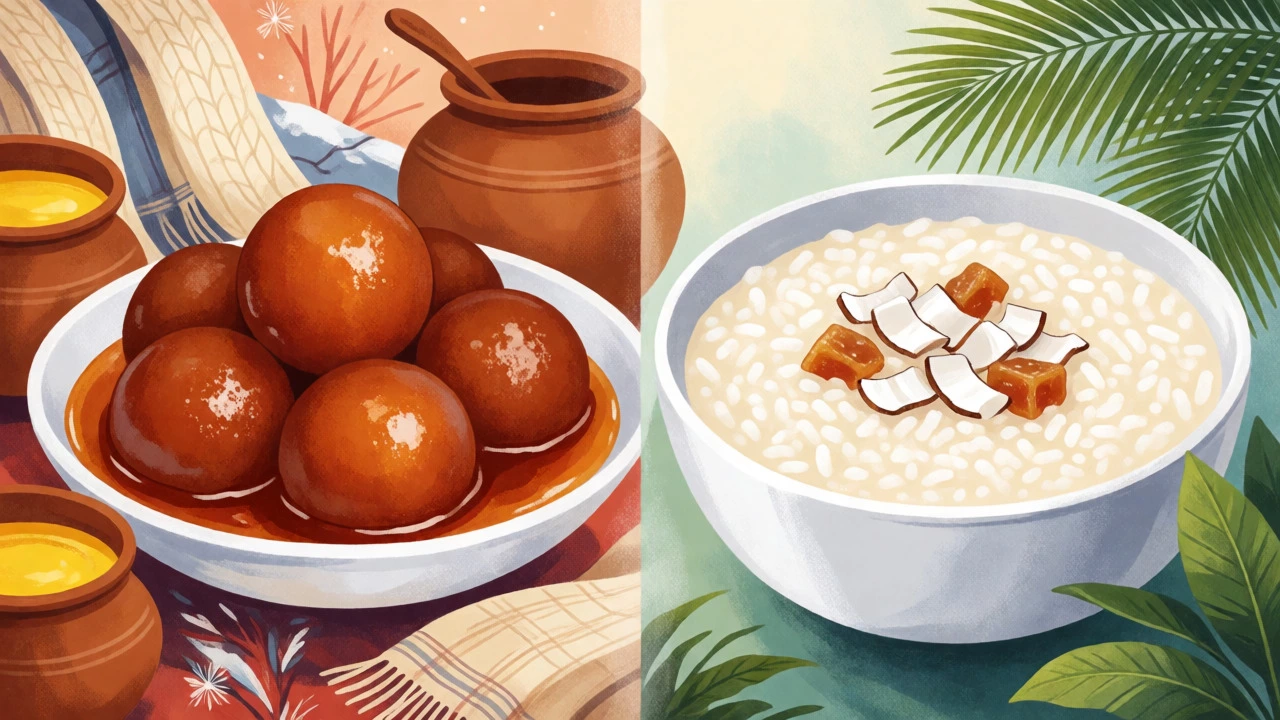 Artistic comparison of heavy Punjabi Gulab Jamun and light South Indian Payasam desserts.
