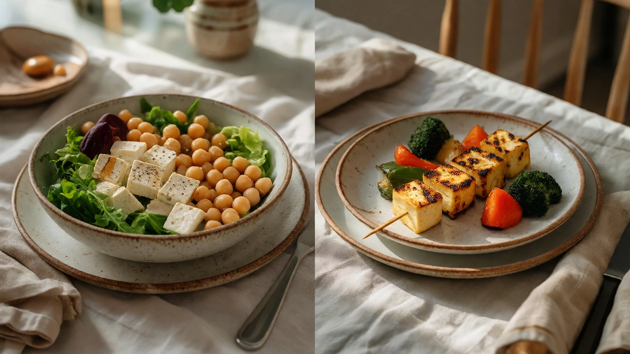 Balanced meal setup with a tofu salad for lunch and grilled paneer for dinner