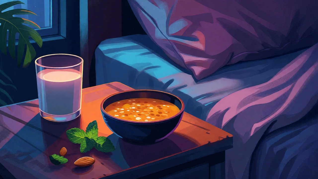 Bedside table with a bowl of red lentil soup and almonds under soft blue night lighting.