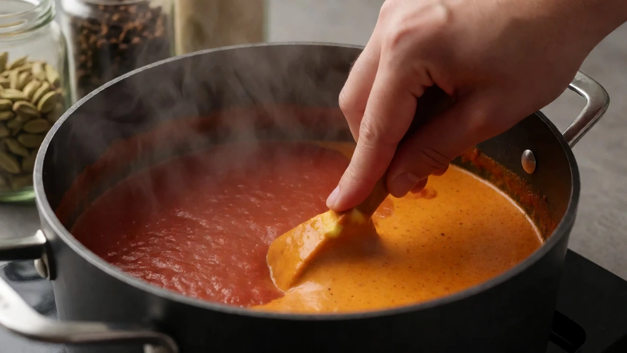 Chef stirring cream and butter into simmering tomato curry base for smooth texture.