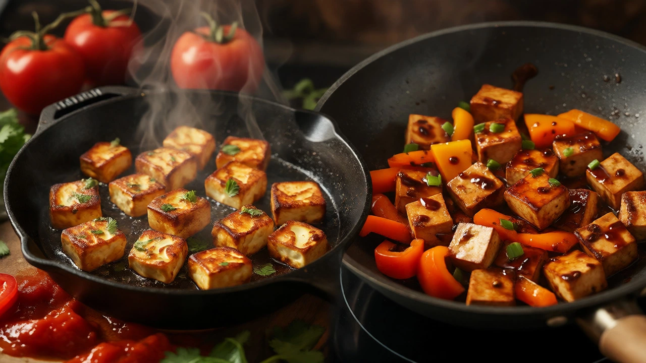 Cooking scene showing fried paneer in curry and marinated tofu stir-fry in woks