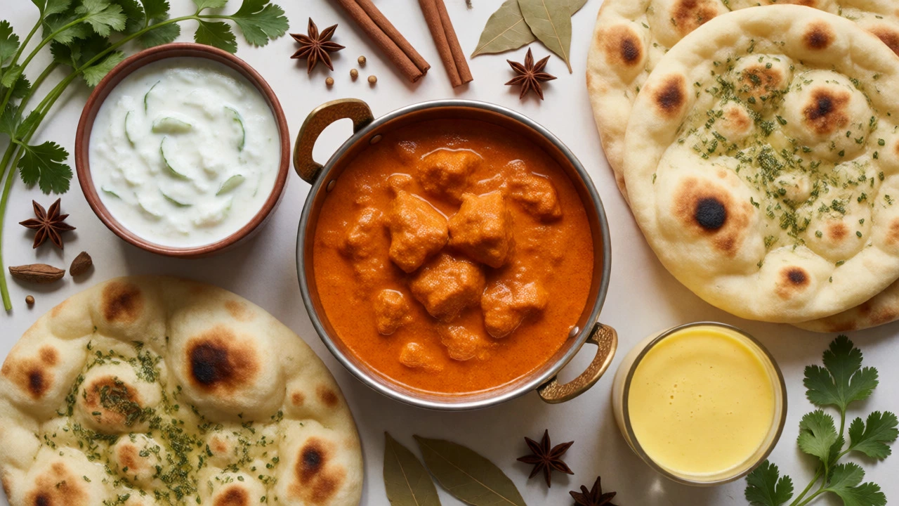 Flat lay of Butter Chicken served with garlic naan, raita, and mango lassi.