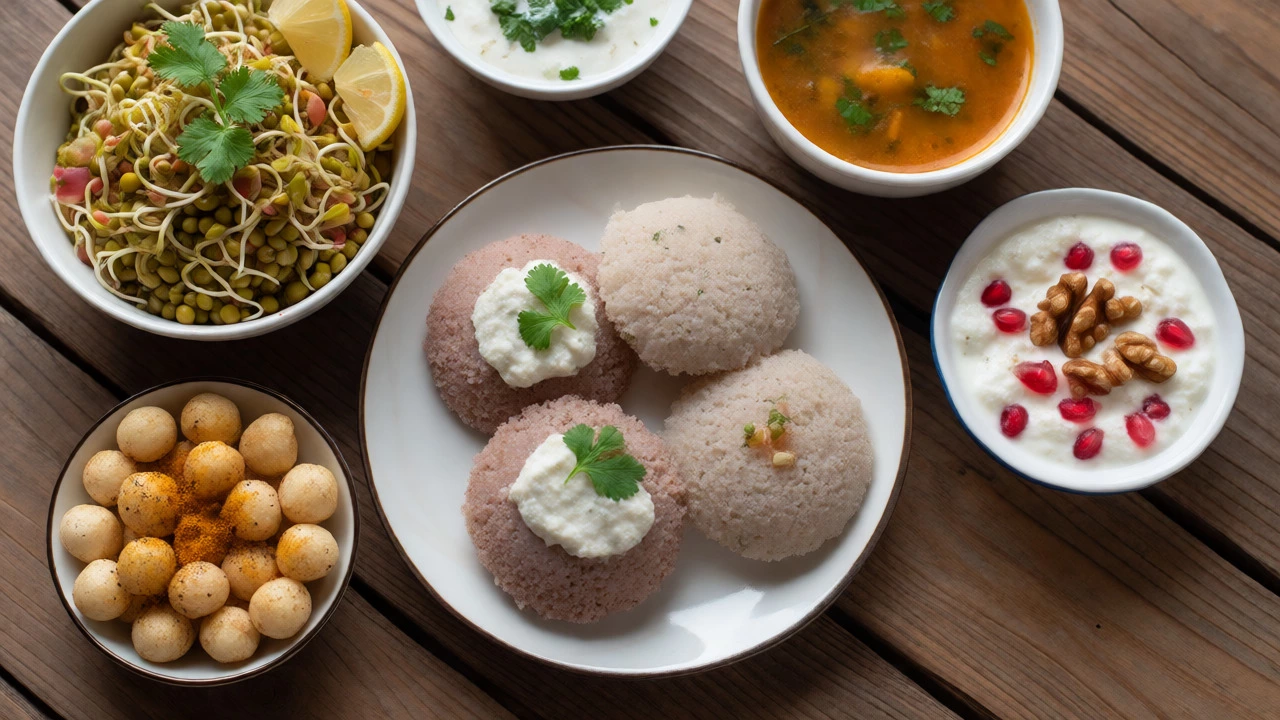 Flat lay of idli, sprouts, makhana, and curd snacks on wood