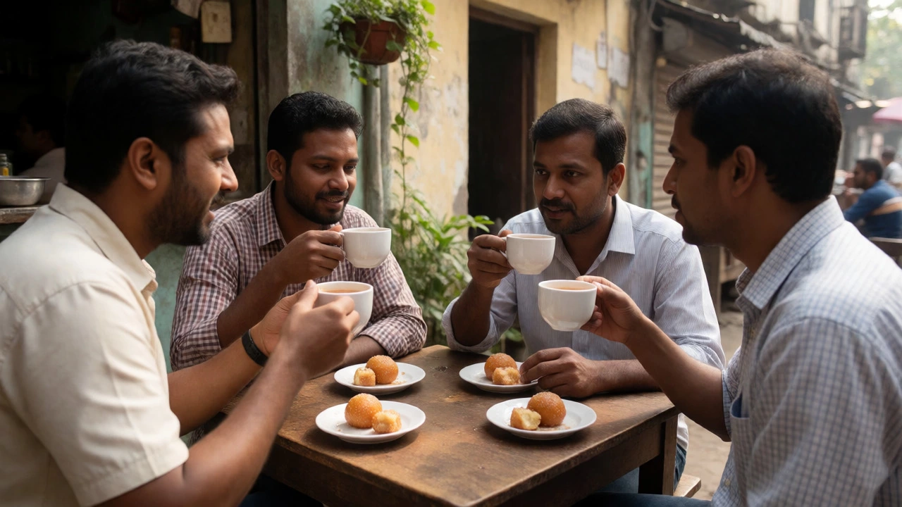 Friends enjoying tea and Rosogolla during a casual adda gathering at a Kolkata tea stall.
