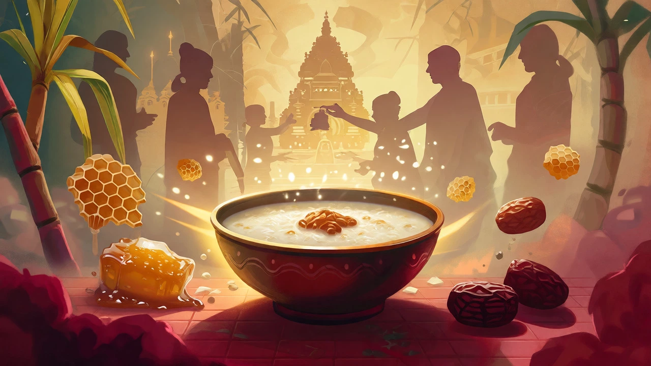 Glowing bowl of kheer with spiritual temple imagery in background